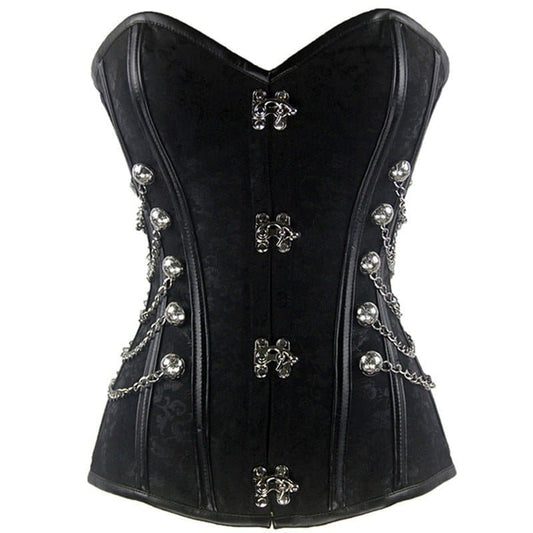 Black corset with ornate metal clasps and skull-themed decorative chains.