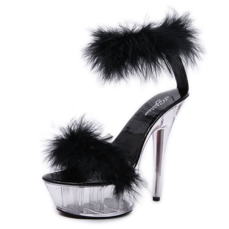 Stiletto Platform Sandals With Fluffy Fur Front And Ankle