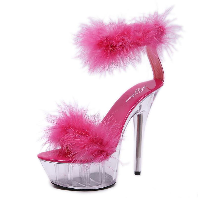 Stiletto Platform Sandals With Fluffy Fur Front And Ankle