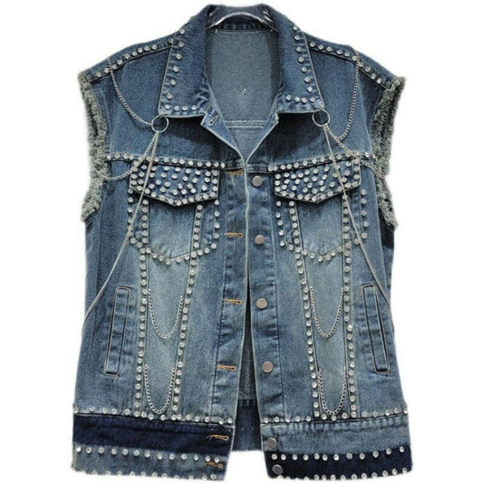 Womens Frayed Hem Sleeveless Denim Waistcoat with Studs