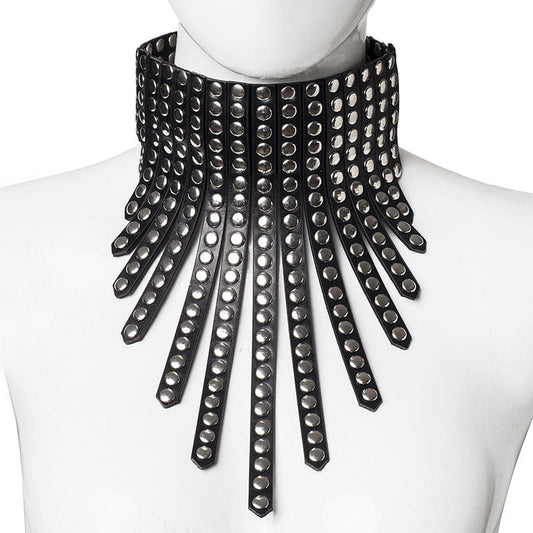 Edgy black leather choker necklace with studded straps fanning out in a dramatic collar design.