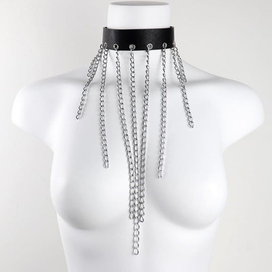 Choker necklace with dangling metal chains attached to a black band.