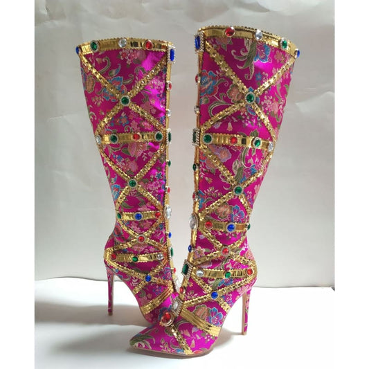 Stunning Ladies Gem and Gold Studded Satin Fabric Boots