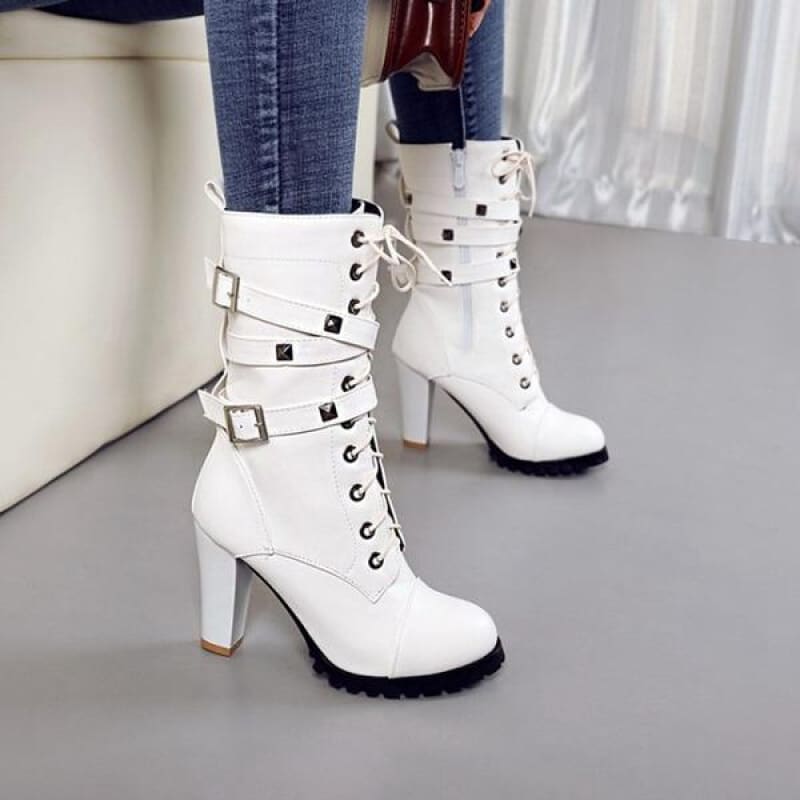 Stunning Rivet Motorcycle High Heel Ankle Boots White / 33