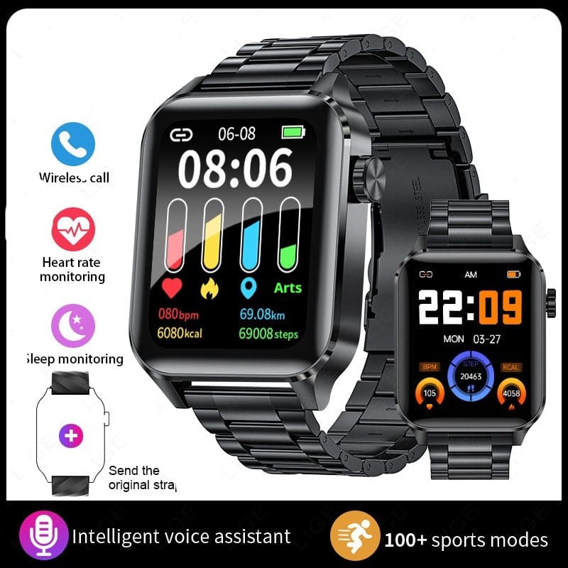 Smartwatch with a square display and metal band showcasing various health and fitness tracking features.