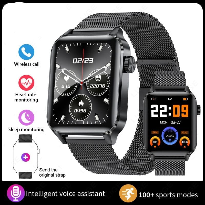 Smartwatch with multiple features displayed alongside its digital interface.