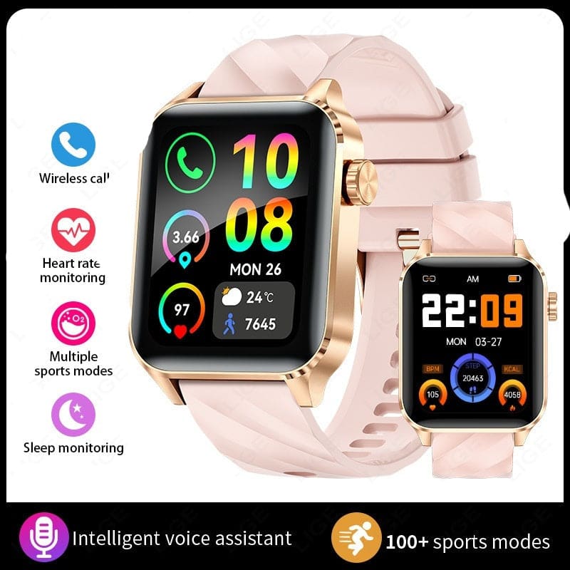 Smartwatch with a pink band and colorful display showing various health and fitness tracking features.