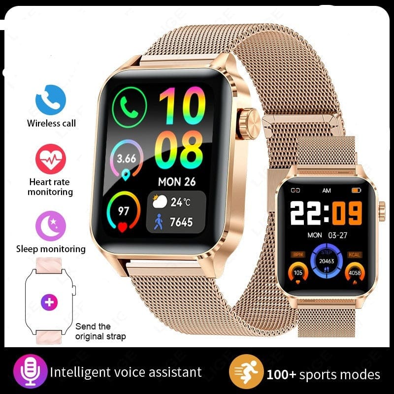 Smartwatch with a gold-colored mesh band and colorful display showing various health and fitness tracking features.