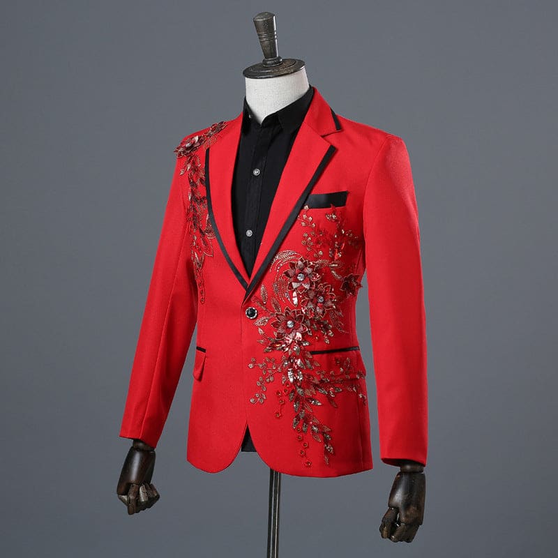 Bright red blazer with ornate floral embroidery and black trim details.