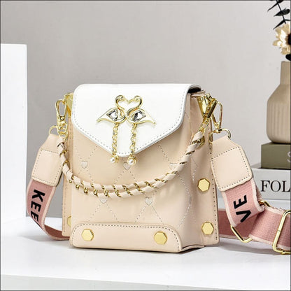 Stylish Shoulder Bag with Swan Pearl Chain Charm Beige