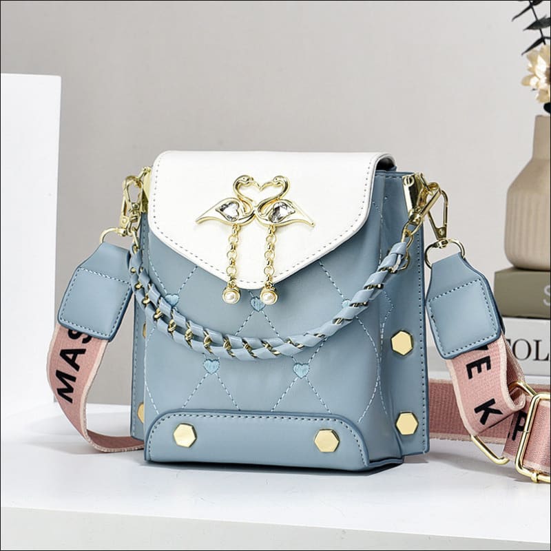 Stylish Shoulder Bag with Swan Pearl Chain Charm Sky Blue