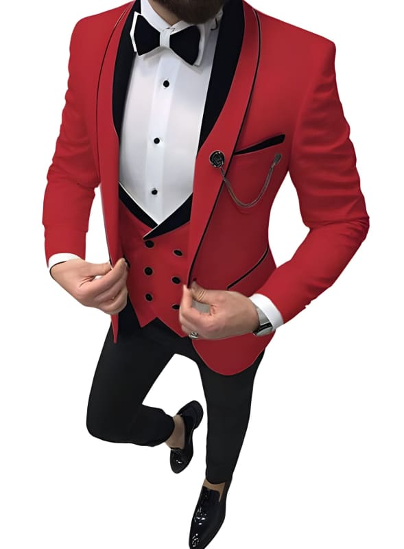 Vibrant red tuxedo with black lapels, matching vest, and bow tie.