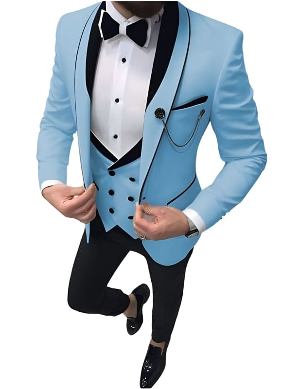 Light blue tuxedo with black lapels, matching vest, and bow tie.