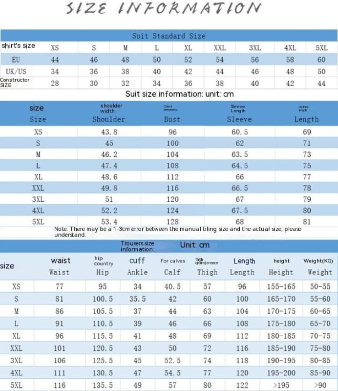 Size chart for clothing with measurements in centimeters.