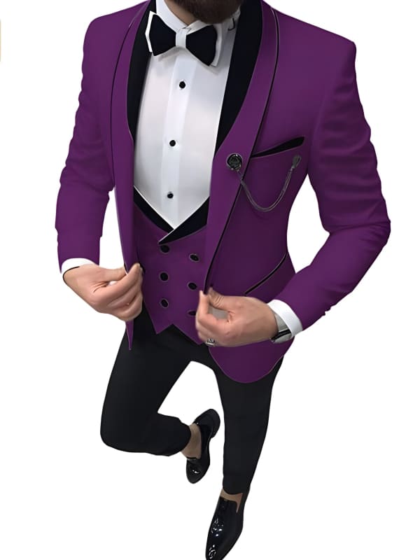 Vibrant purple tuxedo with black lapels, matching vest, and bow tie.