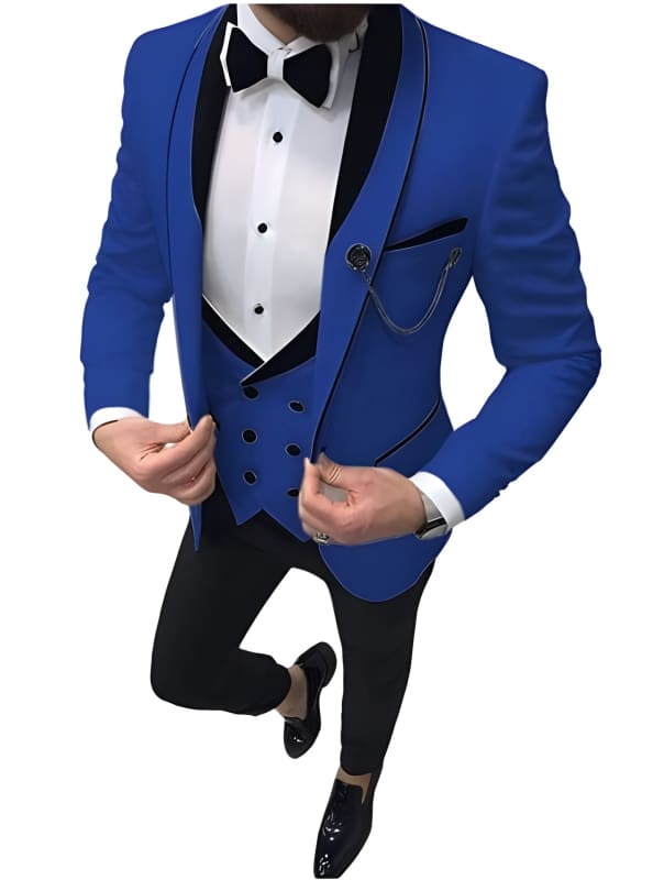 Vibrant blue three-piece tuxedo with black lapels and bow tie.