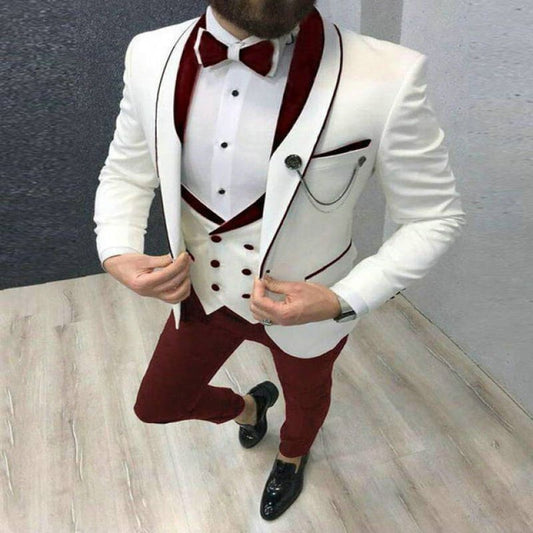 Stylish white and burgundy three-piece tuxedo with bow tie.