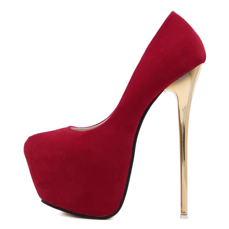 Red high-heeled platform pump with a gold stiletto heel.