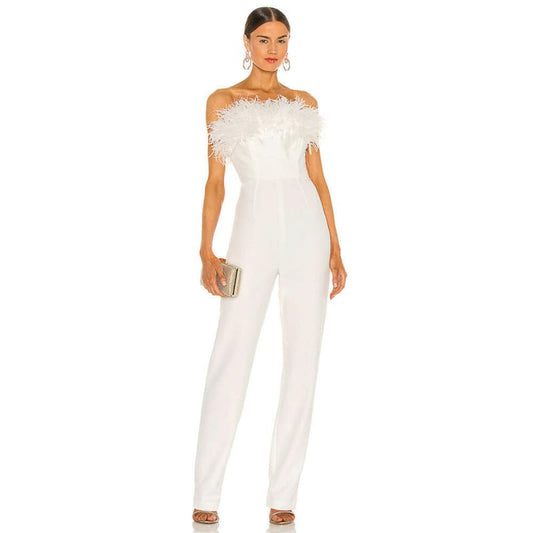 Sleeveless Feather Neckline Designer Jumpsuit