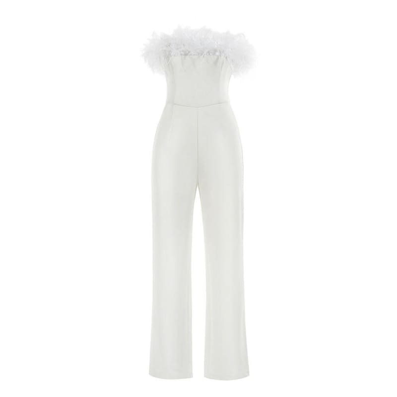 Sleeveless Feather Neckline Designer Jumpsuit White / XS