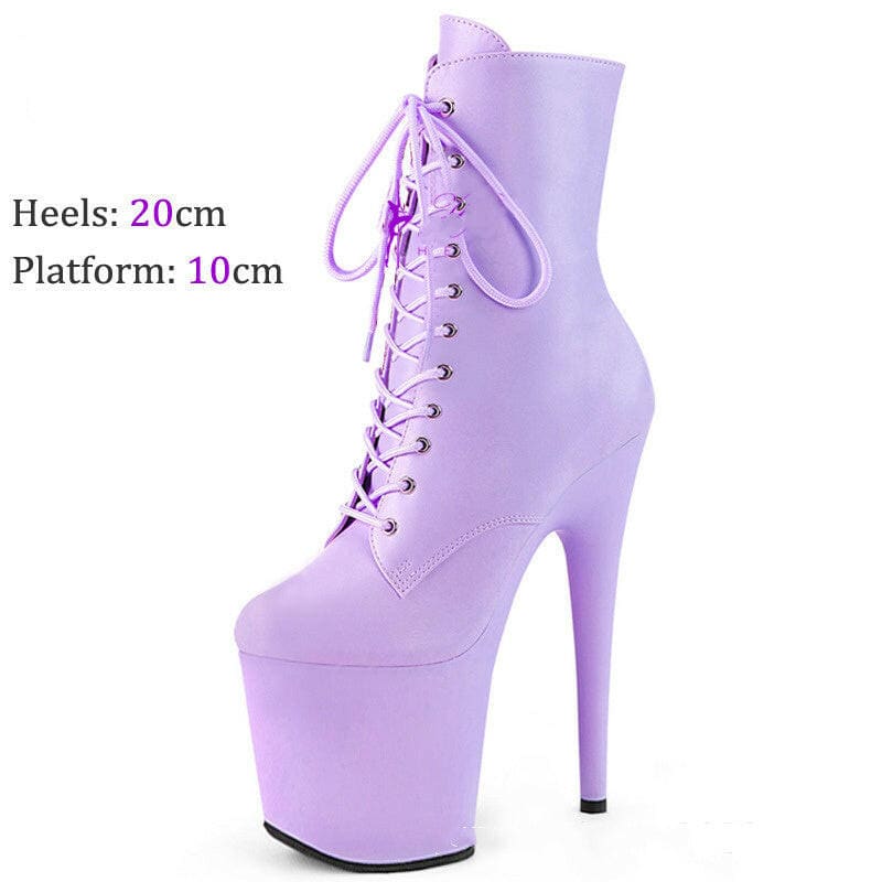 Lavender high-heeled platform ankle boot with laces.