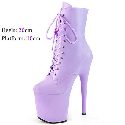 Lavender high-heeled platform ankle boot with laces.