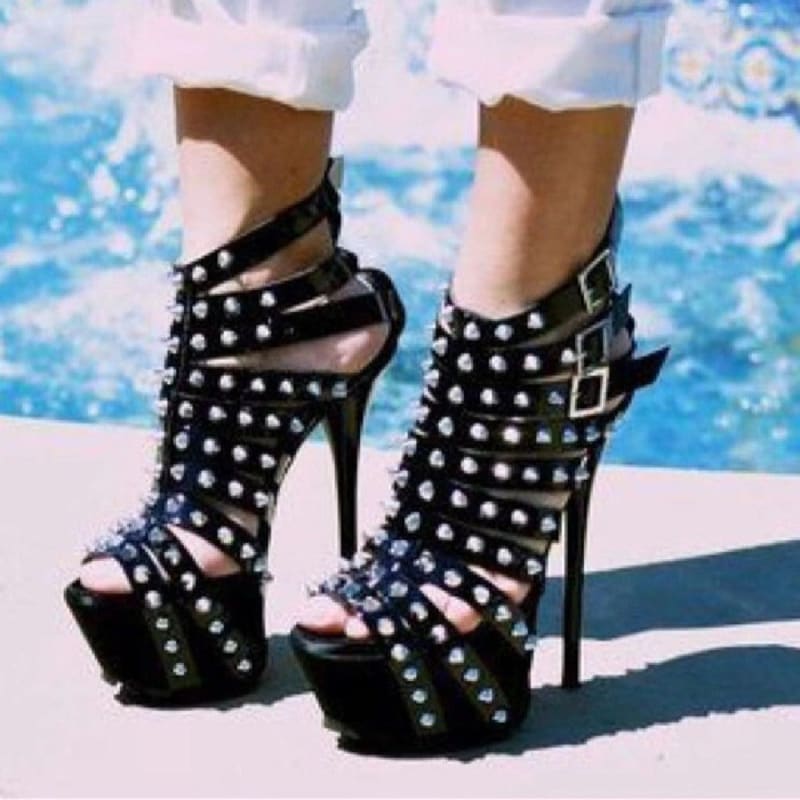 Super-high Studded/rivet Detail Stiletto Heel Stiletto Platform Sandals - Pleasures and Sins