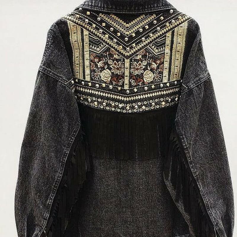 Tassel Embroidered Denim Western Womens Jacket Black / S