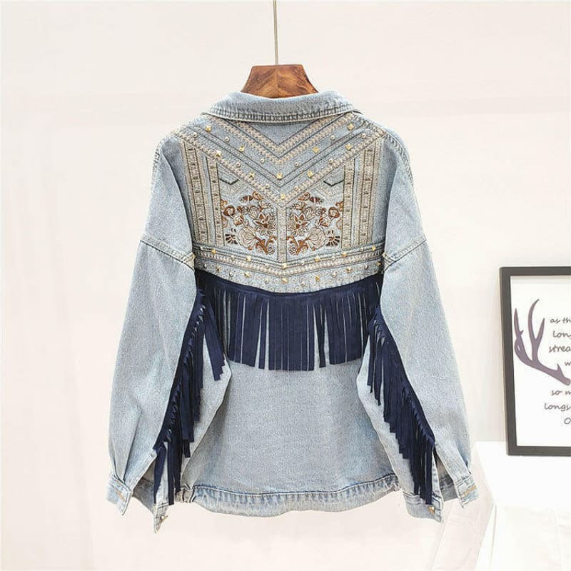 Tassel Embroidered Denim Western Womens Jacket Light Blue