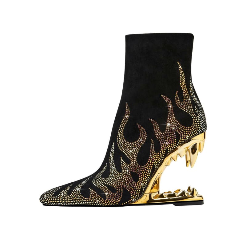 Teeth Profiled Heel Womens High Heel Rhinestone Boots Gold