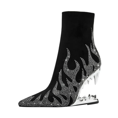 Teeth Profiled Heel Womens High Heel Rhinestone Boots