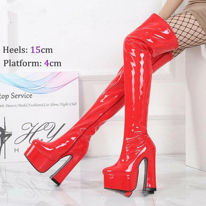 Thick Heel 15cm Ultra-High Knee Patent Boots