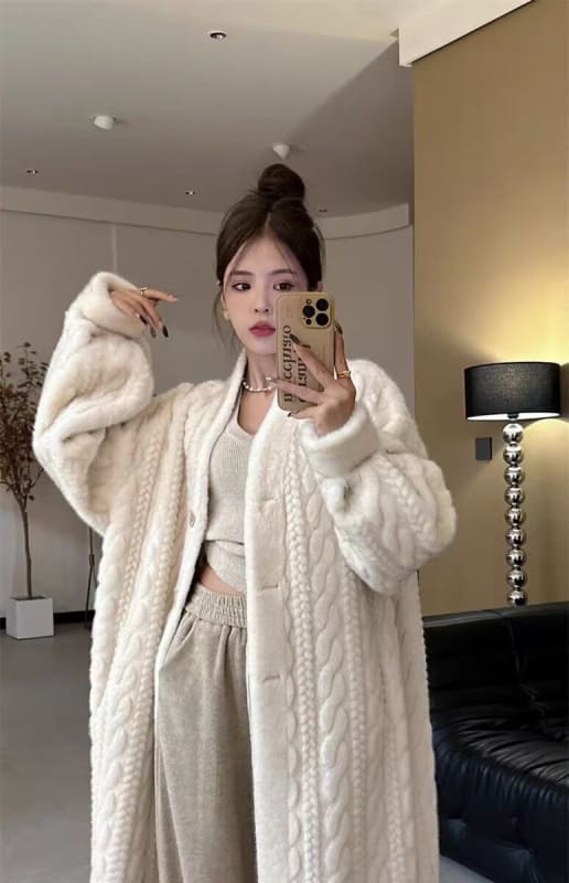 Thick Mink Fur Cardigan Coat with Eco-Friendly Fur milky