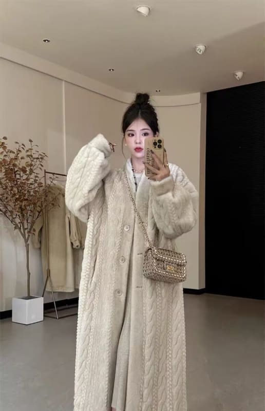 Thick Mink Fur Cardigan Coat with Eco-Friendly Fur oatmeal