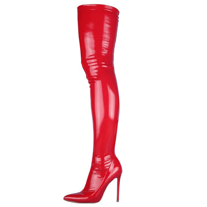 Bright red thigh-high stiletto boot with a pointed toe and high heel.