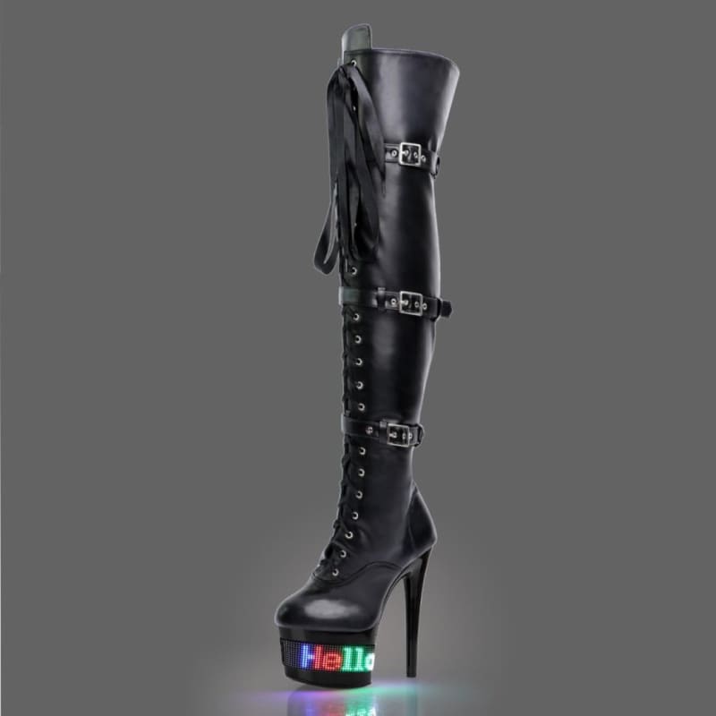 Thigh Length High Heel Stripper, Pole Dancer, Drag Queen LED Display, Boots, Works With App On Phone, Totally Unique Boots - Pleasures and Sins