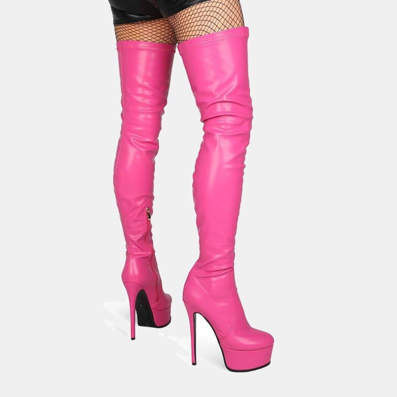 Hot pink thigh-high platform boots with stiletto heels.