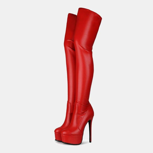 Red leather thigh-high platform boot with a stiletto heel.