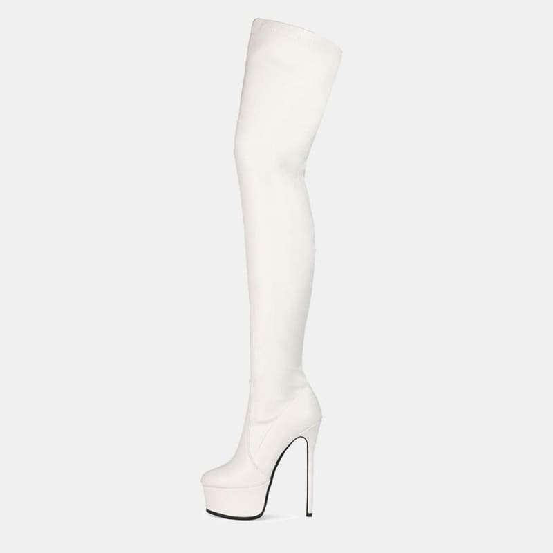 White thigh-high stiletto boot with a platform sole.