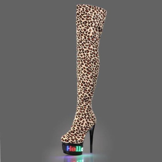 Thigh Length Leopard Print High Heel Stripper, Pole Dancer, Drag Queen LED Display, Boots, Works With App On Phone, Totally Unique Boots - Pleasures and Sins