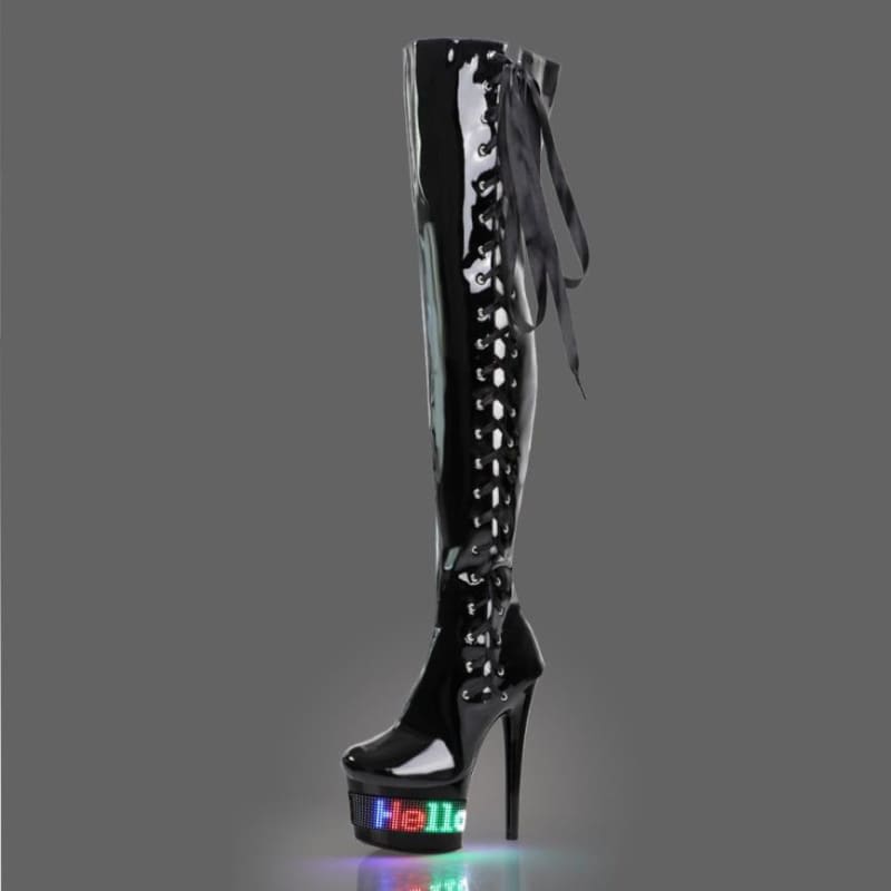 Thigh Length Patent High Heel Stripper, Pole Dancer, Drag Queen LED Display, Boots, Works With App On Phone, Totally Unique Boots - Pleasures and Sins