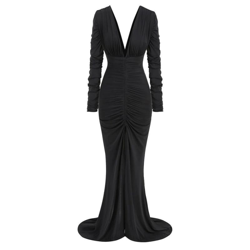 Long black evening gown with a plunging neckline, ruched bodice, and fitted silhouette.