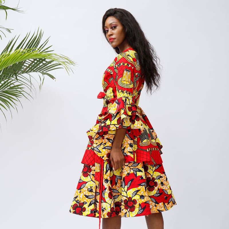 Traditional African Backless Batik Dress With Big Sleeves