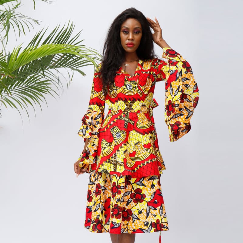 Traditional African Backless Batik Dress With Big Sleeves