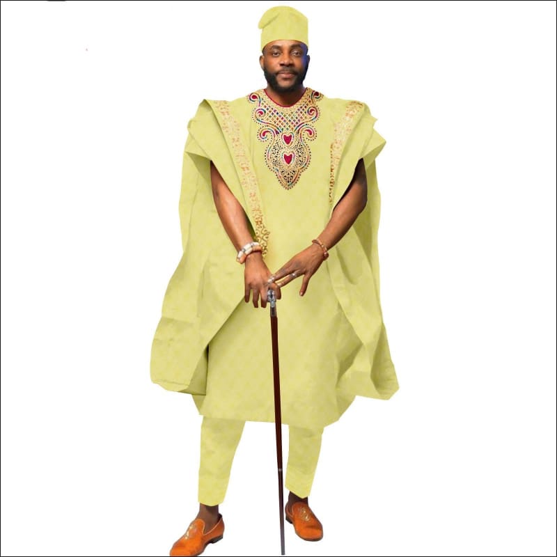 Traditional African Cotton Wedding Suit for Men Yellow / S