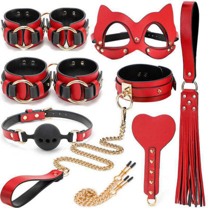 Collection of red and black leather BDSM accessories and restraints.