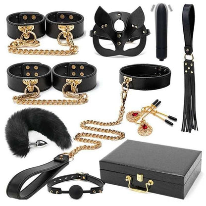 BDSM and bondage kit containing various leather accessories, restraints, and toys.