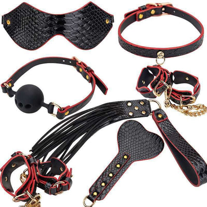 Collection of black and red leather BDSM accessories including blindfold, collar, gag, and flogger.