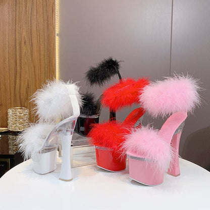 Fluffy, high-heeled platform shoes in various colors including white, black, red, and pink.