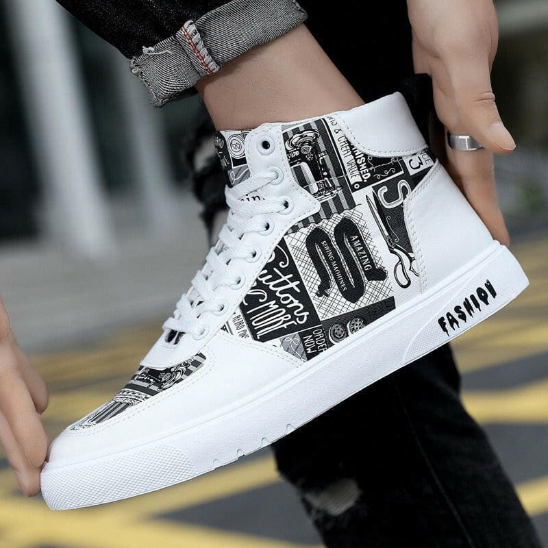 Trendy Mens Graffiti High Top Casual Sports Shoes Black / 39